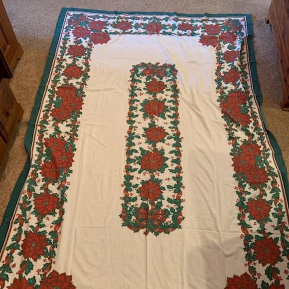 56” x 98” oblong fabric tablecloth with poinsettia print - Picture 1 of 7